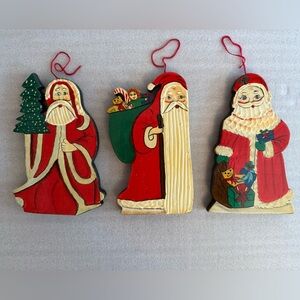3 Vintage Old World Santa Wooden Ornaments